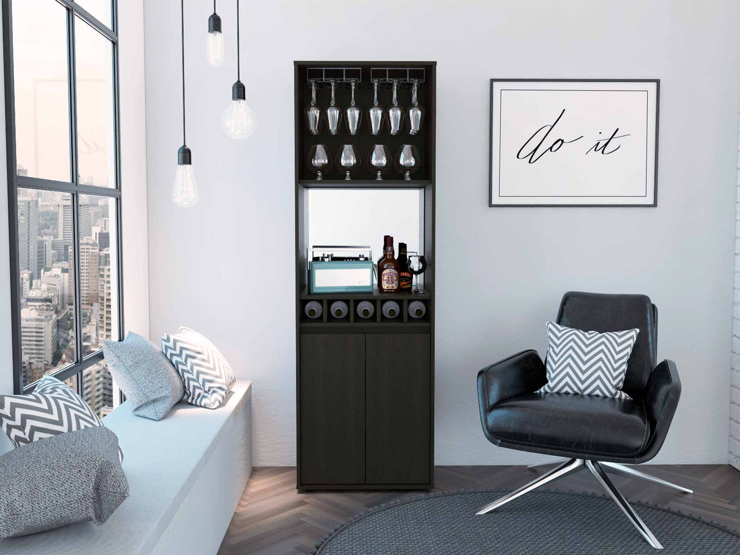 Prana Bar Cabinet, Two Shelves, Five Wine Cubbies, Double Door