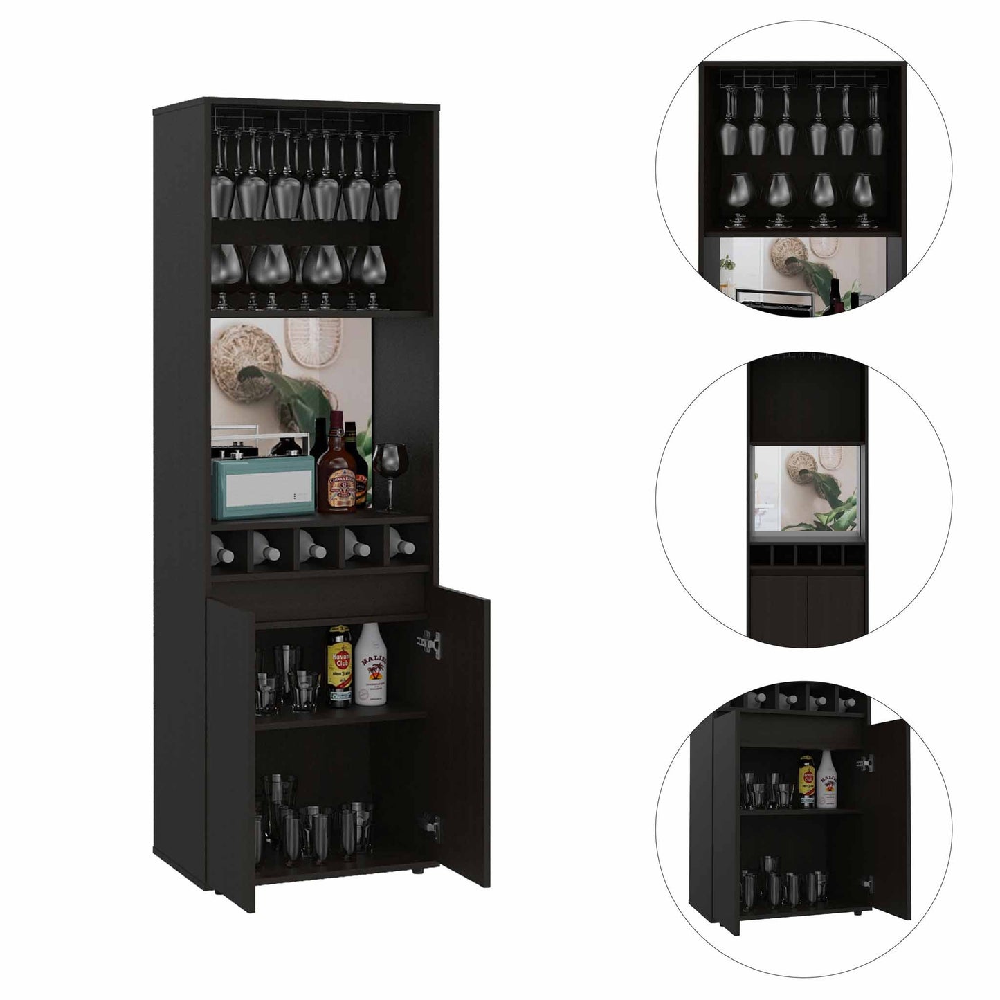 Prana Bar Cabinet, Two Shelves, Five Wine Cubbies, Double Door