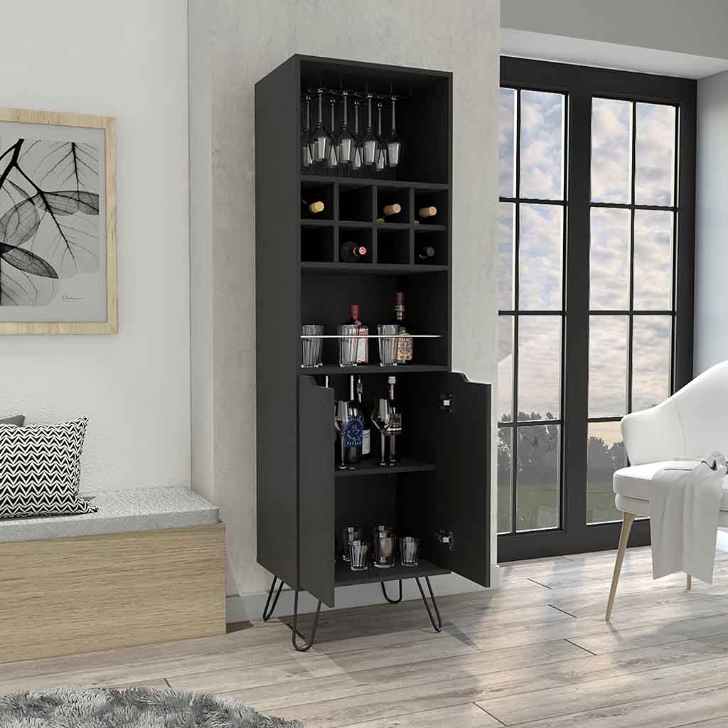 Manhattan L Bar Cabinet, Eight Wine Cubbies, Two Cabinets With Single Door