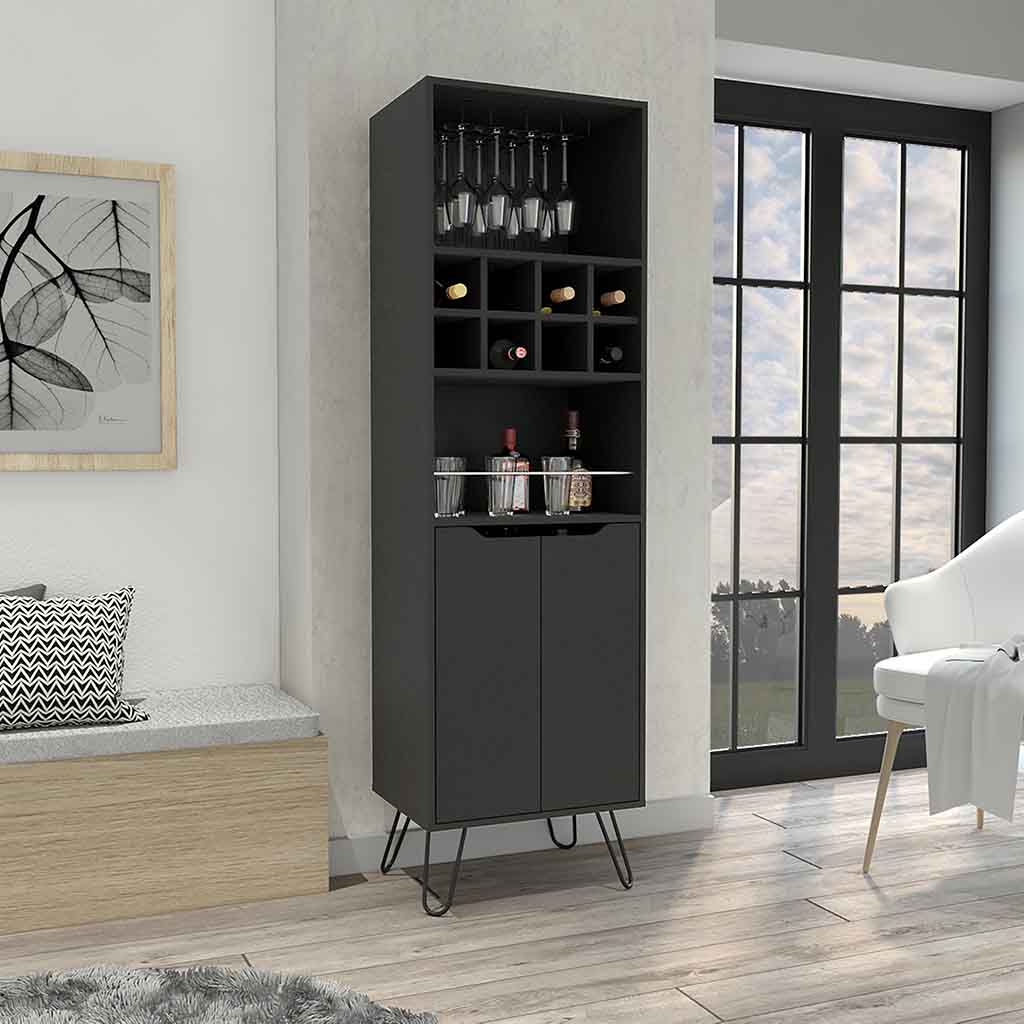 Manhattan L Bar Cabinet, Eight Wine Cubbies, Two Cabinets With Single Door