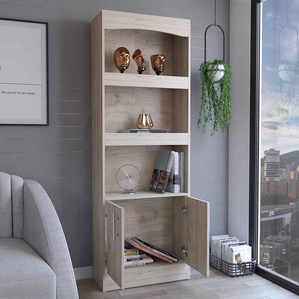 Simma Bookcase, Metal Hardware, Three Shelves, Double Door Cabinet