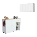 Malibu 2 Piece Kitchen Set, Kitchen Island  + Wall Cabinet, White / Light Oak Finish