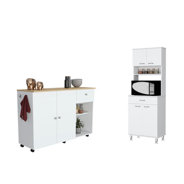 Campbell 2 Piece Kitchen Set, Kitchen Island + Pantry, White / Light Oak Finish