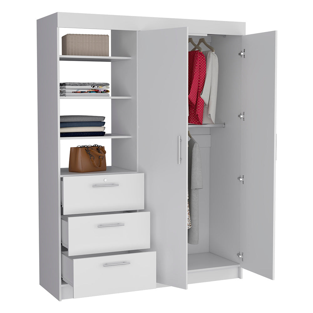 Kenya 3 Drawers Armoire, Double Door, 3-Tier Shelf