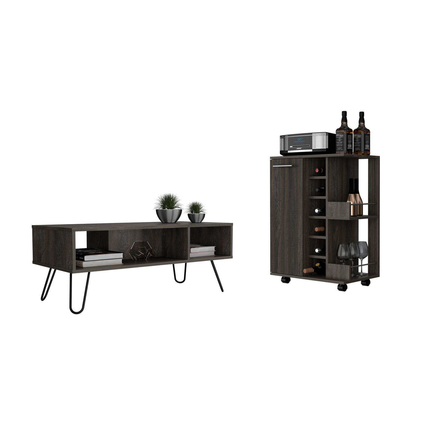 Vassel 2 Piece Living Room Set, Bar Cart + Coffee Table, Carbon Espresso Finish