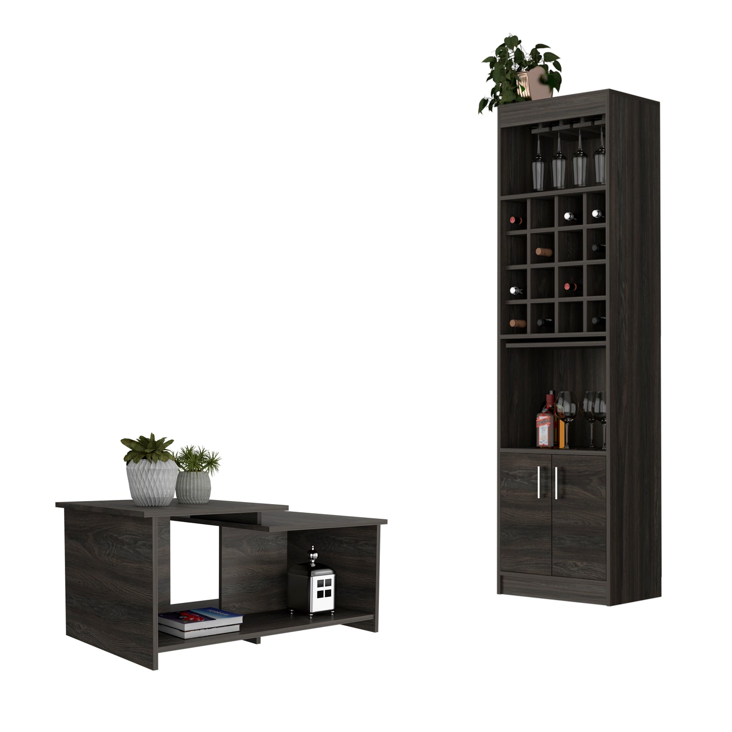 Montville 2 Piece Living Room Set, Bar Cabinet + Coffee Table, Carbon Espresso Finish