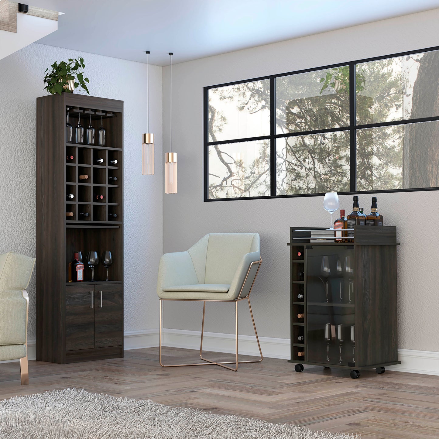 Dothan 2 Piece Living Room Set,  Bar Cabinet + Bar Cart, Carbon Espresso Finish
