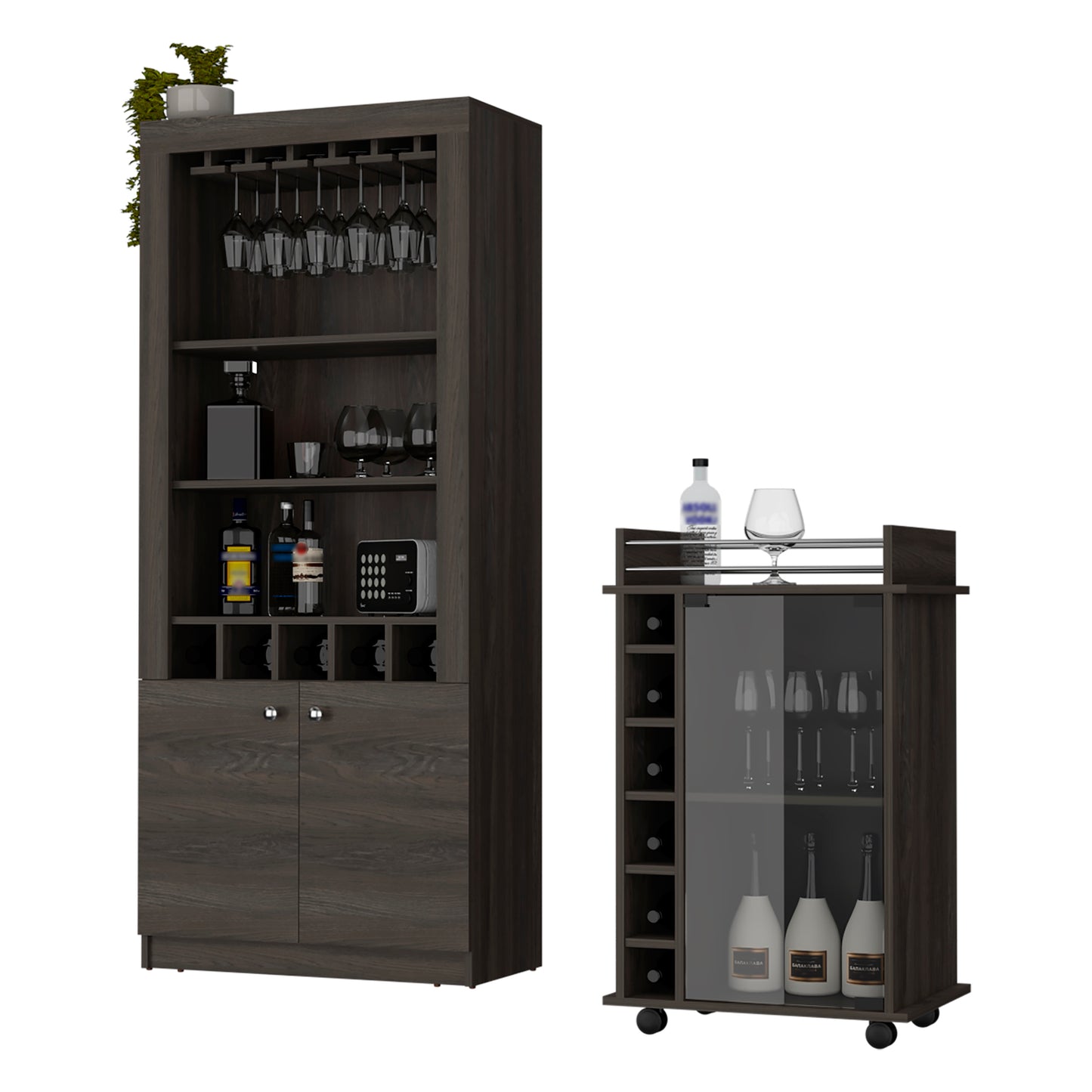 Fremont 2 Piece Living Room Set, Bar Cabinet + Bar Cart, Carbon Espresso Finish