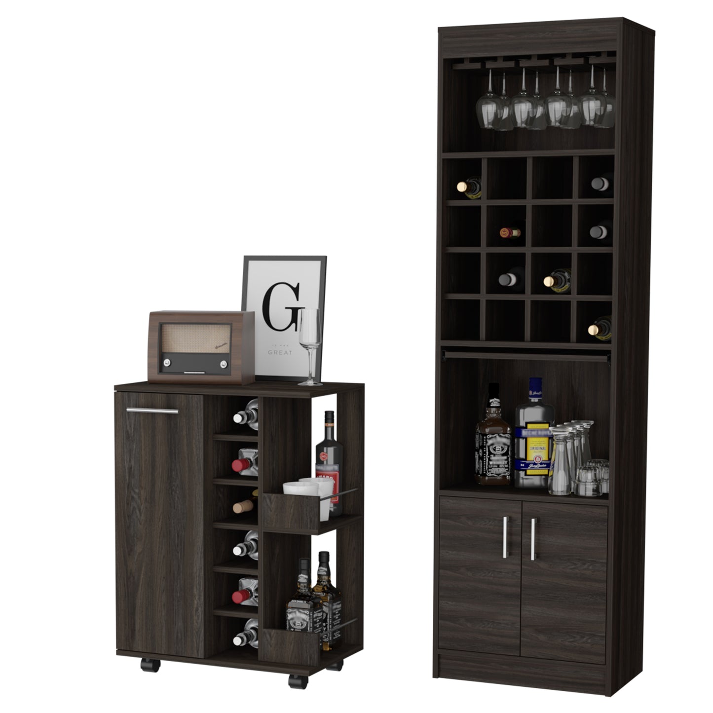 Pasadena 2 Piece Living Room Set, Bar Cabinet + Bar Cart, Carbon Espresso Finish