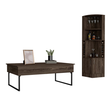 Tracy 2 Piece Living Room Set, Corner Bar Cabinet + Coffee Table, Dark Walnut Finish