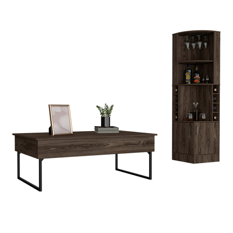 Tracy 2 Piece Living Room Set, Corner Bar Cabinet + Coffee Table, Dark Walnut Finish