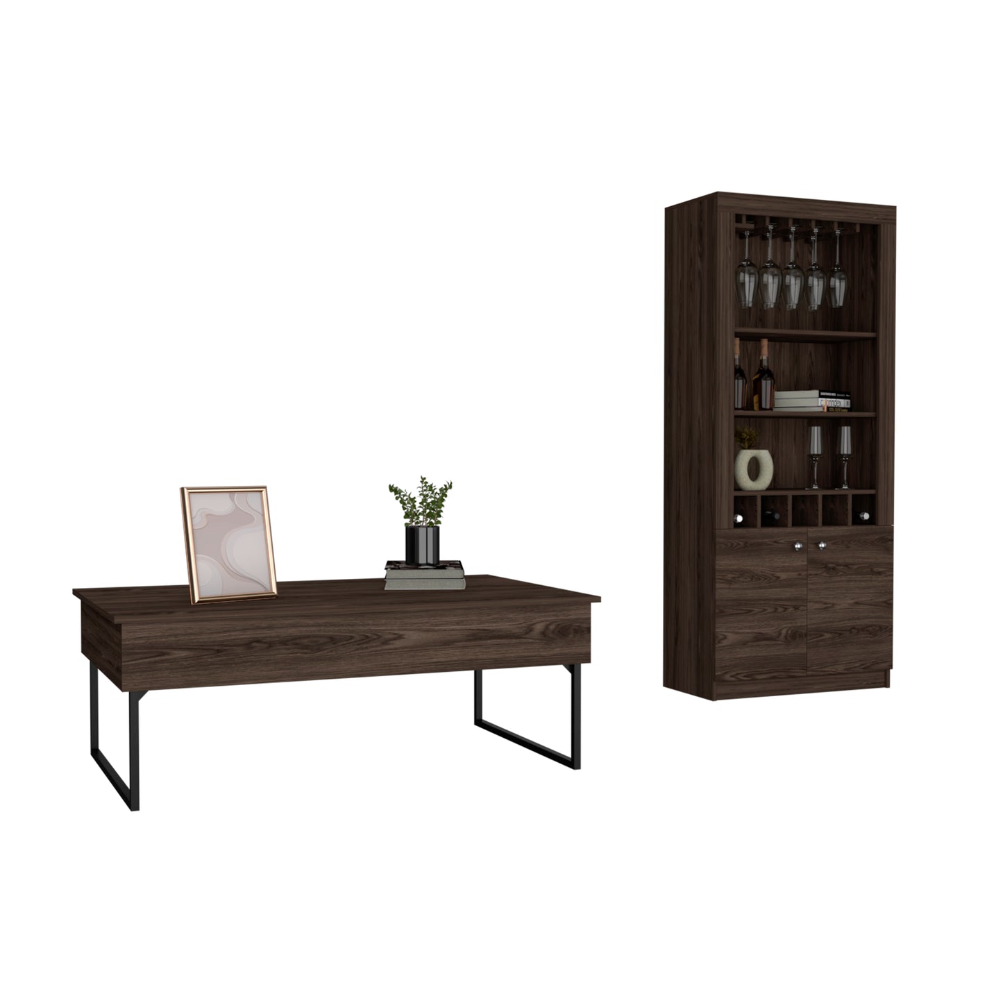Palermo 2 Piece Living Room Set, Bar Cabinet + Coffee Table, Dark Walnut Finish