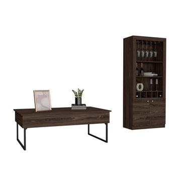 Palermo 2 Piece Living Room Set, Bar Cabinet + Coffee Table, Dark Walnut Finish