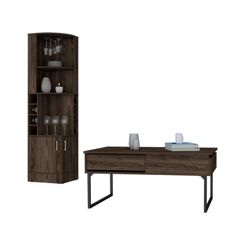 Bristol 2 Piece Living Room Set,  Corner Bar Cabinet + Coffee Table, Dark Walnut Finish