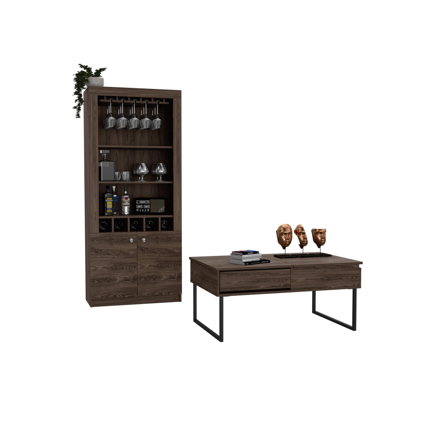 Orleans 2 Piece Living Room Set, Bar Cabinet + Coffee Table, Dark Walnut Finish