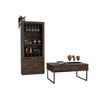 Orleans 2 Piece Living Room Set, Bar Cabinet + Coffee Table, Dark Walnut Finish