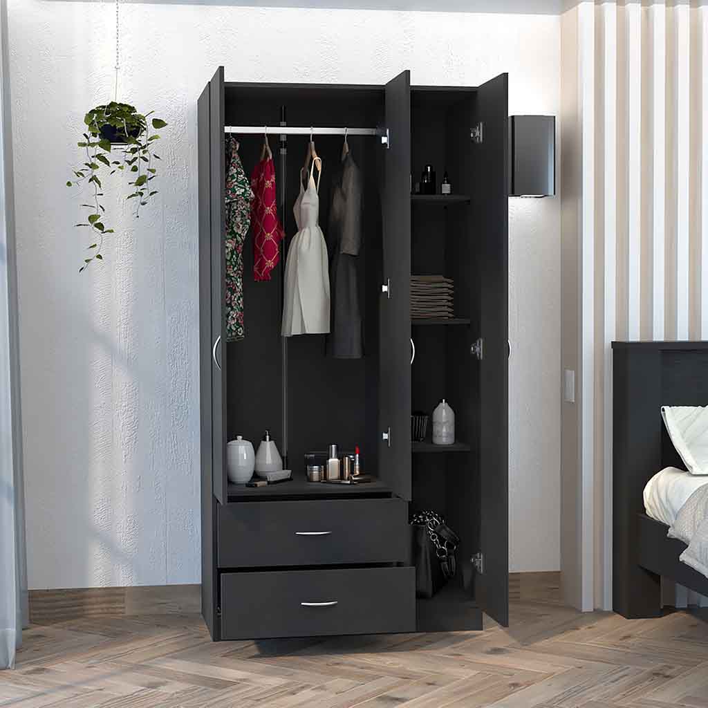 Austral 3 Doors Armoire, Metal Rod, Two Drawers, Single Door, Double Door Cabinets