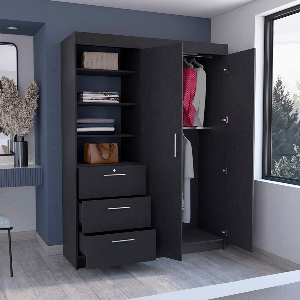 Kenya 3 Drawers Armoire, Double Door, 3-Tier Shelf