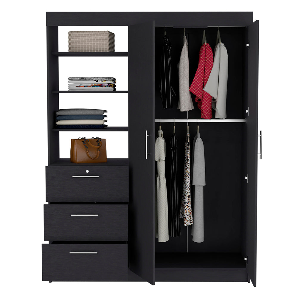 Kenya 3 Drawers Armoire, Double Door, 3-Tier Shelf