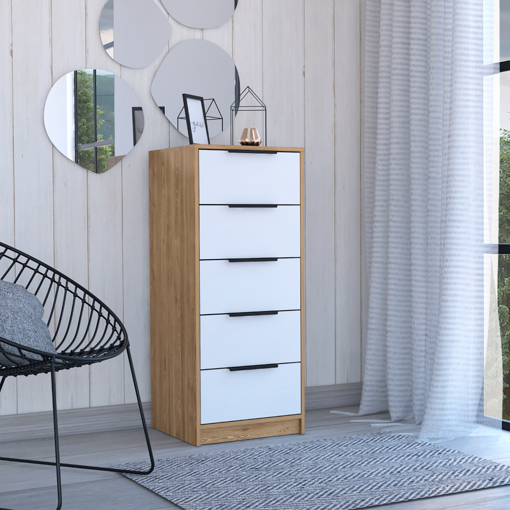 TUHOME Kaia 5 Drawer Dresser, Vertical Dresser, White/Pine, CBC4764 TUHOME Kaia 5 Drawer Dresser, Vertical Dresser, White/Pine, CBC4764