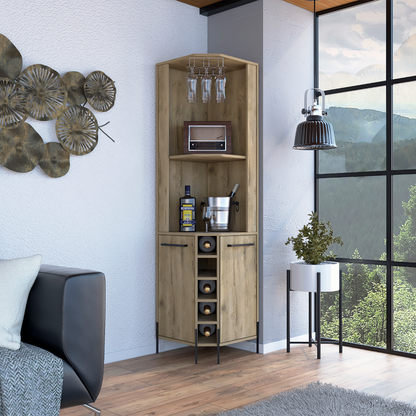 Shangai Corner Bar Cabinet, Two Shelves, Five Wine Cubbies