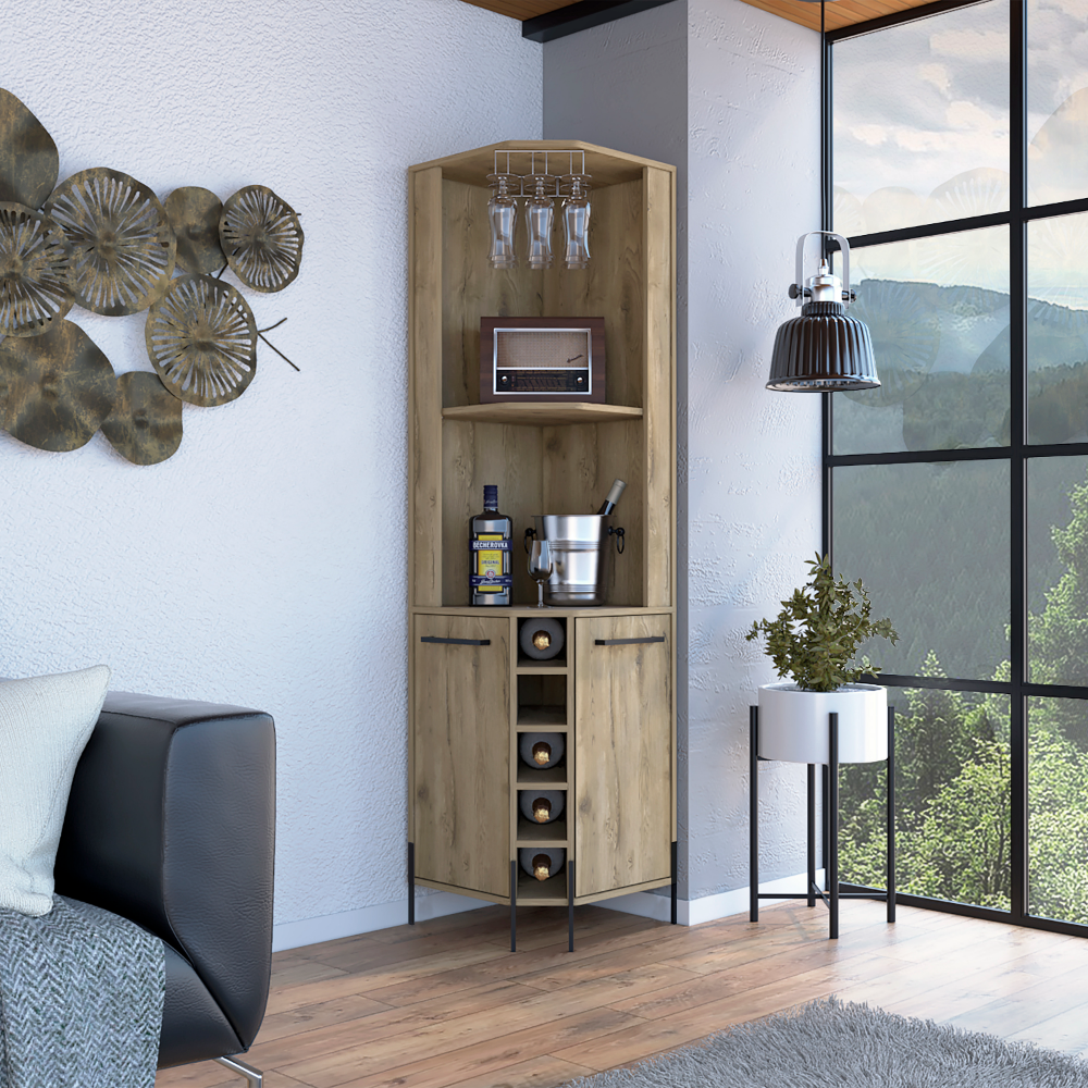 Shangai Corner Bar Cabinet Two Shelves Five Wine Cubbies