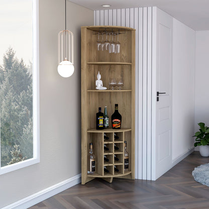 Essential Corner Bar Cabinet , Three Shelves, Eight Wine Cubbies, Two Side Shelves