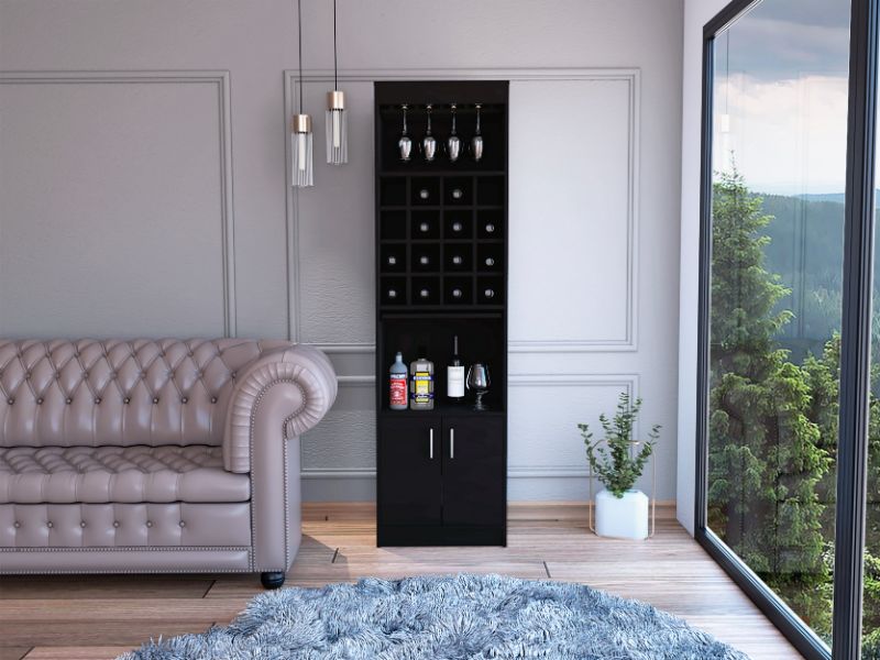 Kava Bar Cabinet, One Extendable Shelf, Sixteen Wine Cubbies, One Shelf