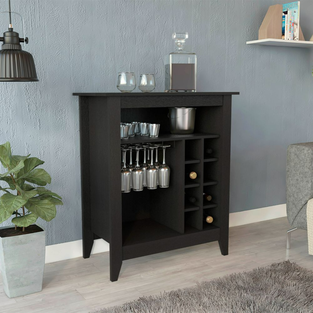 Essential Bar Cabinet, One Open Shelf, Six Wine Cubbies, One Drawer