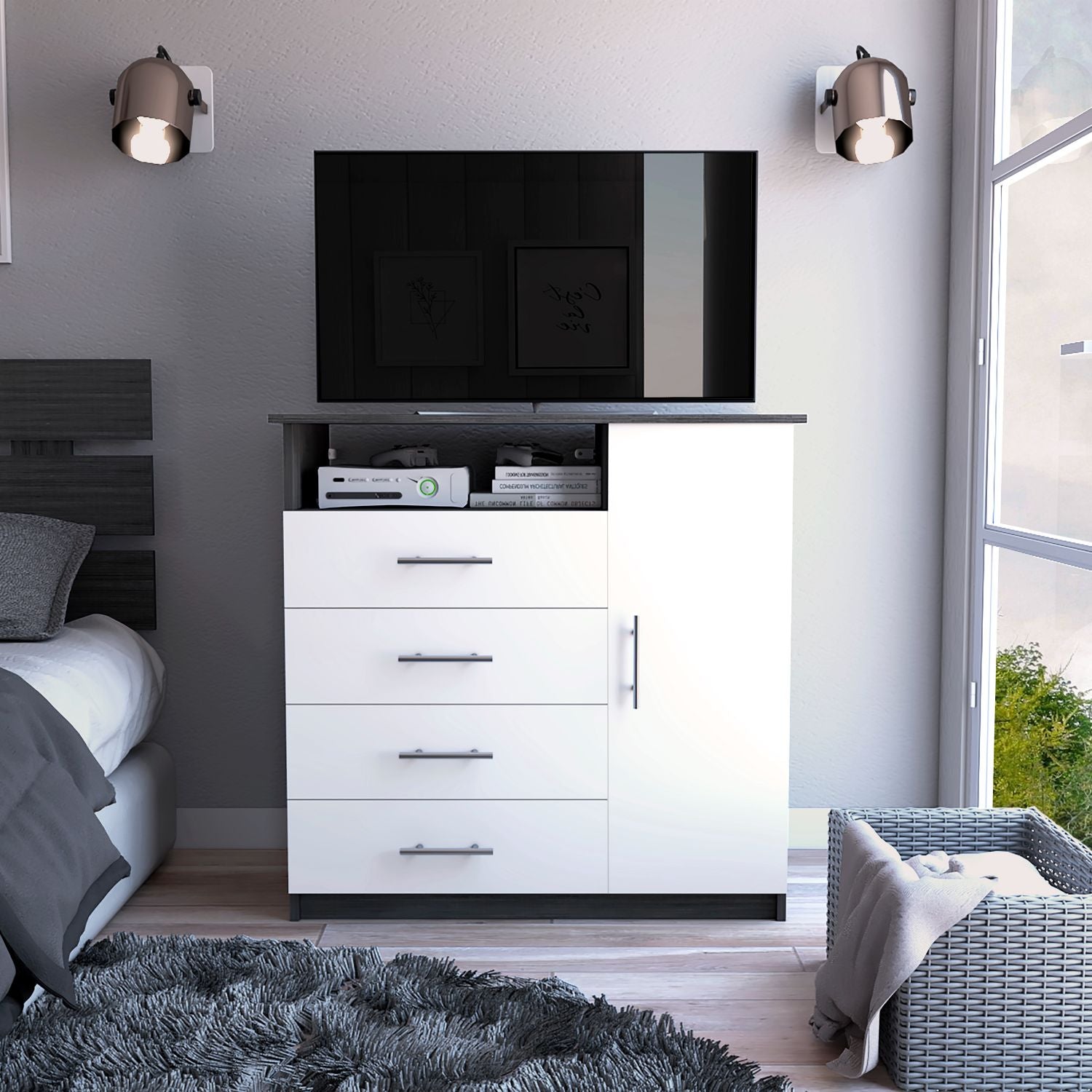 Tuhome Sierra Freestanding Dresser with Four Drawers, One Cabinet, One Open Shelf, Modern Design for Bedroom Storage and TV Stand Tuhome Sierra Freestanding Dresser with Four Drawers, One Cabinet, One Open Shelf, Modern Design for Bedroom Storage and TV Stand
