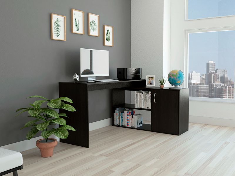 Rossi L-Shaped Desk, Two Interior Shelves, Single Door Cabinet, Two Open Shelves