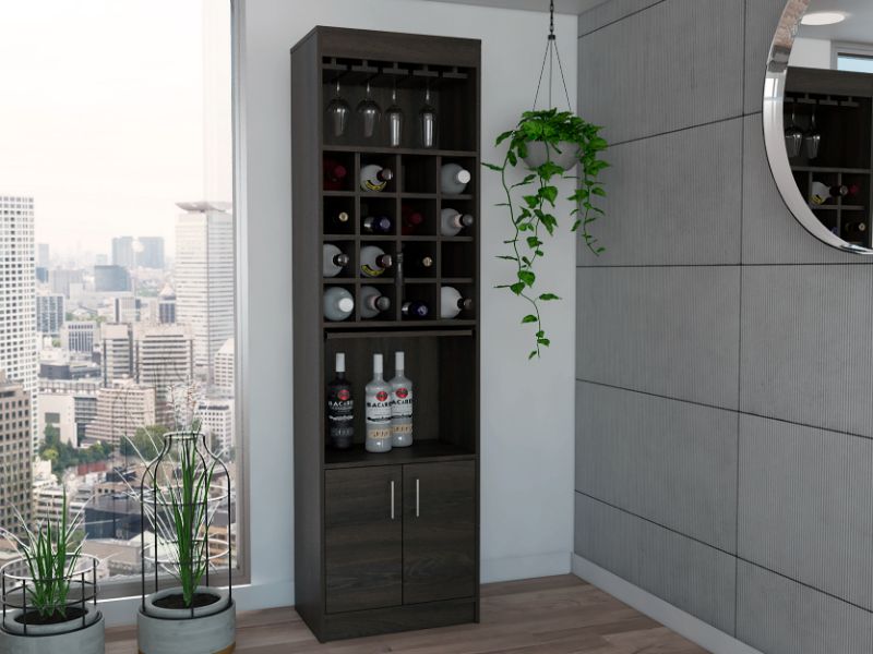 Kava Bar Cabinet, One Extendable Shelf, Sixteen Wine Cubbies, One Shelf