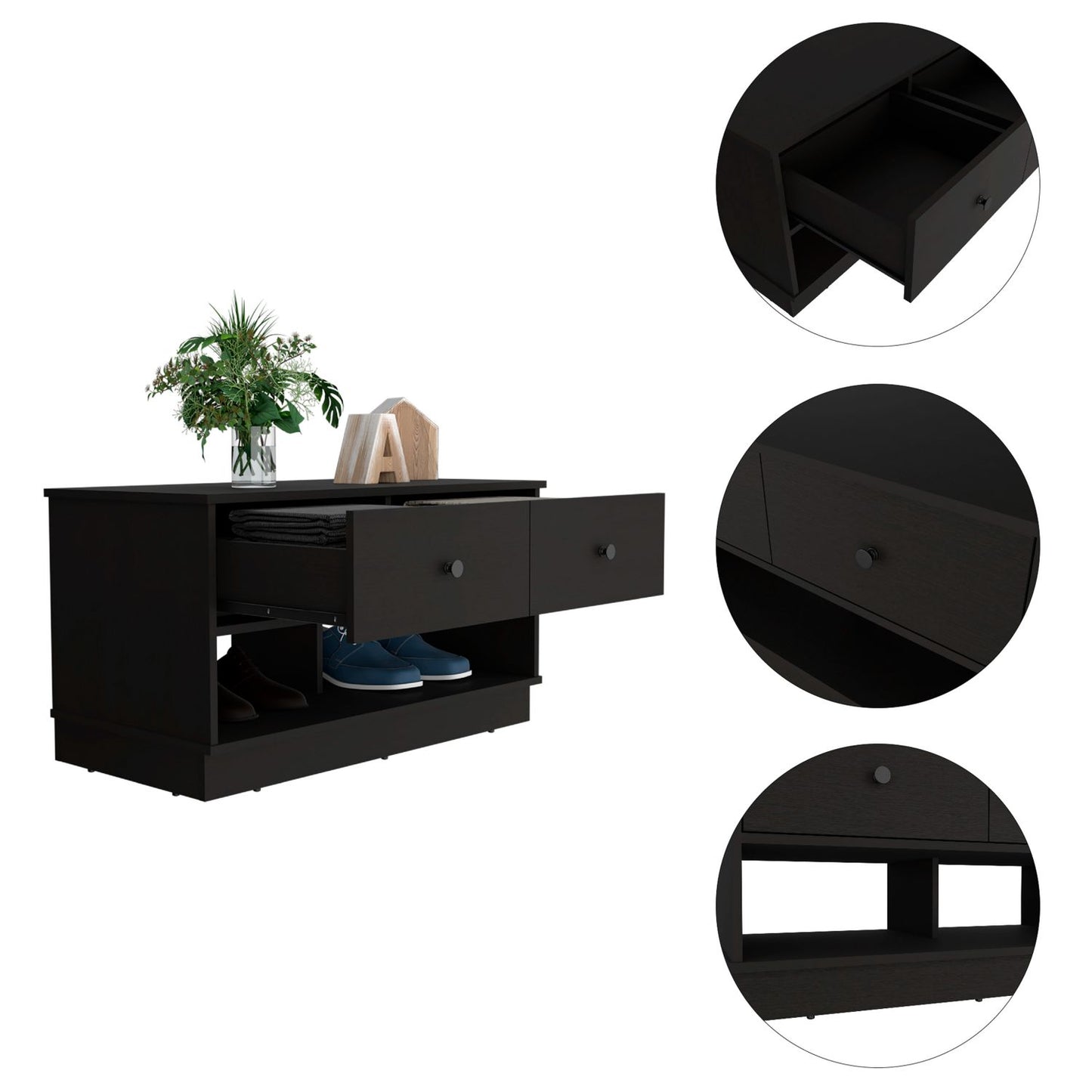 Hamilton Storage Bench, Two Open Shelves, Two Drawers