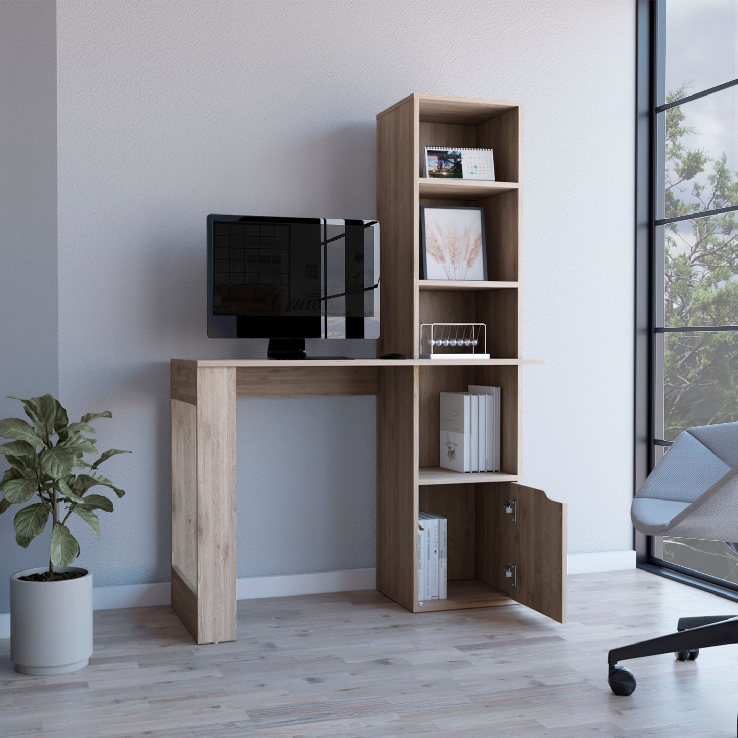 Oiwa Computer Desk with Bookcase and Cabinet, Light Gray Finish