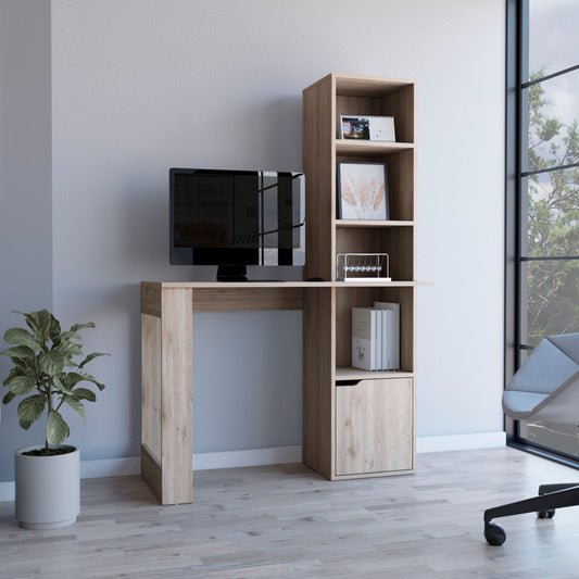 Oiwa Computer Desk with Bookcase and Cabinet, Light Gray Finish