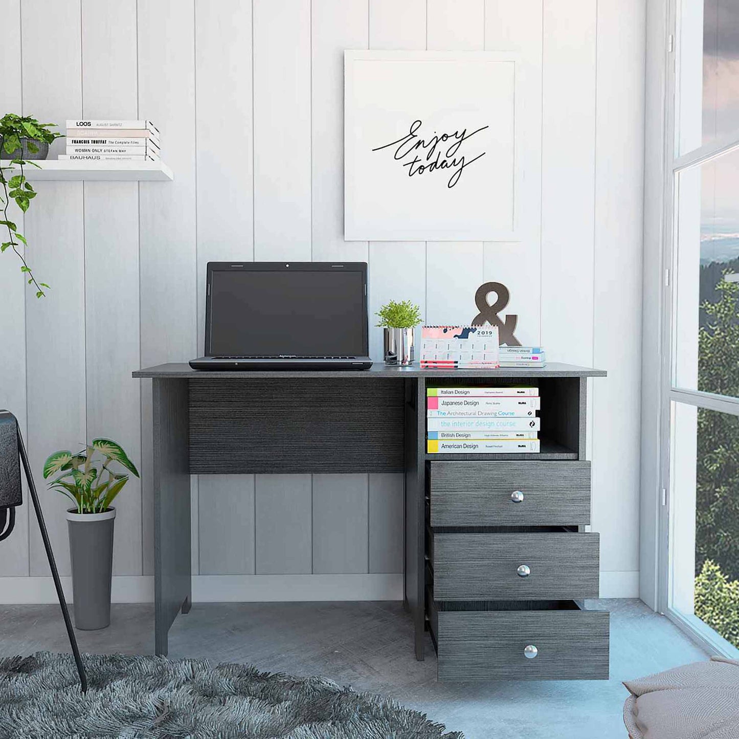 Bianco Writing Computer Desk, Three Drawers, One Shelf