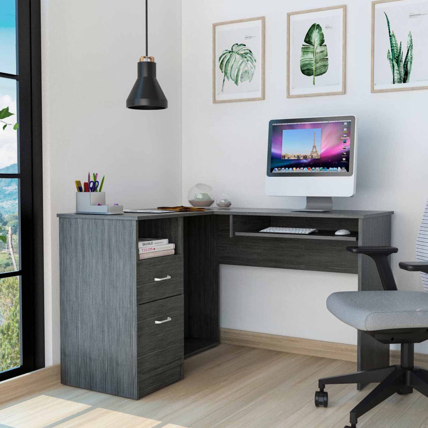 Mix L-Shaped Desk, Keyboard Tray, Two Drawers, Single Open Shelf