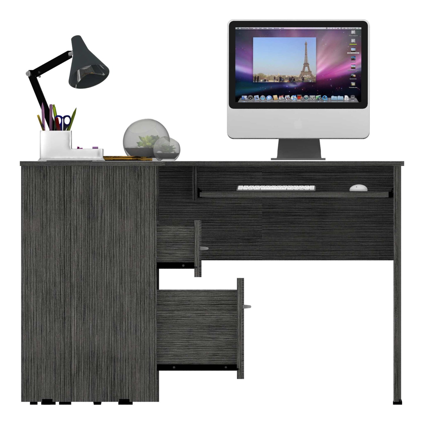 Mix L-Shaped Desk, Keyboard Tray, Two Drawers, Single Open Shelf