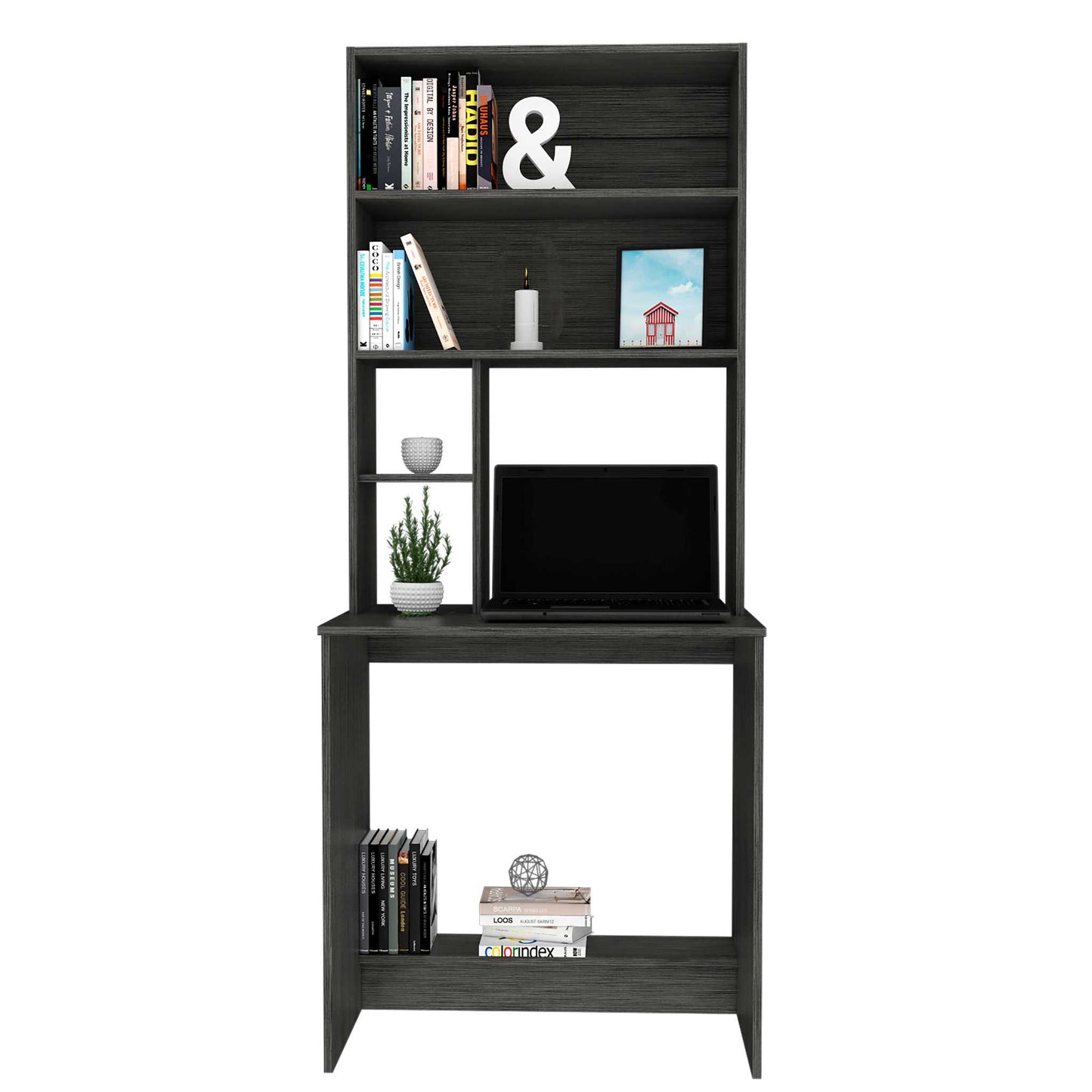 Compu Hutch Desk, Four Shelves, Writing Desk, One Lower Shelf