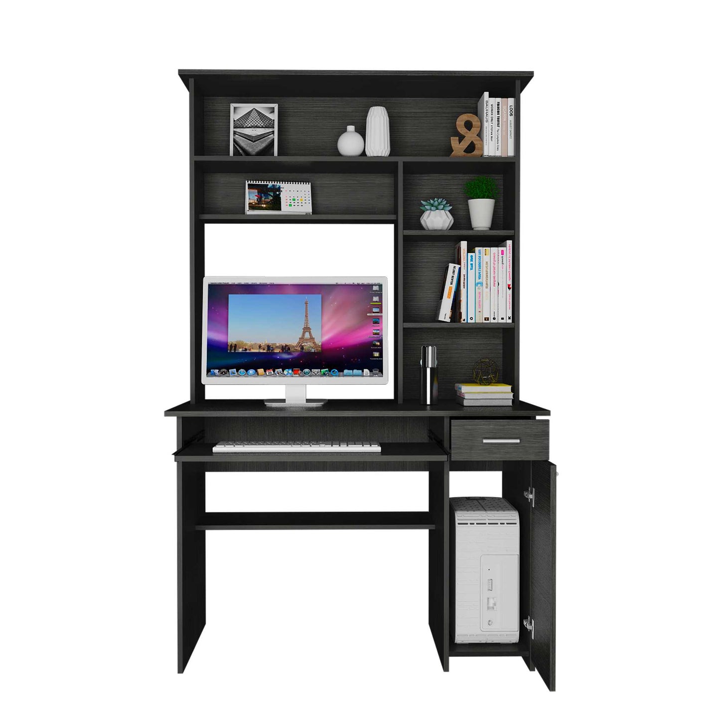 Compu 180 Hutch Desk, Multiple Shelves, One Drawer