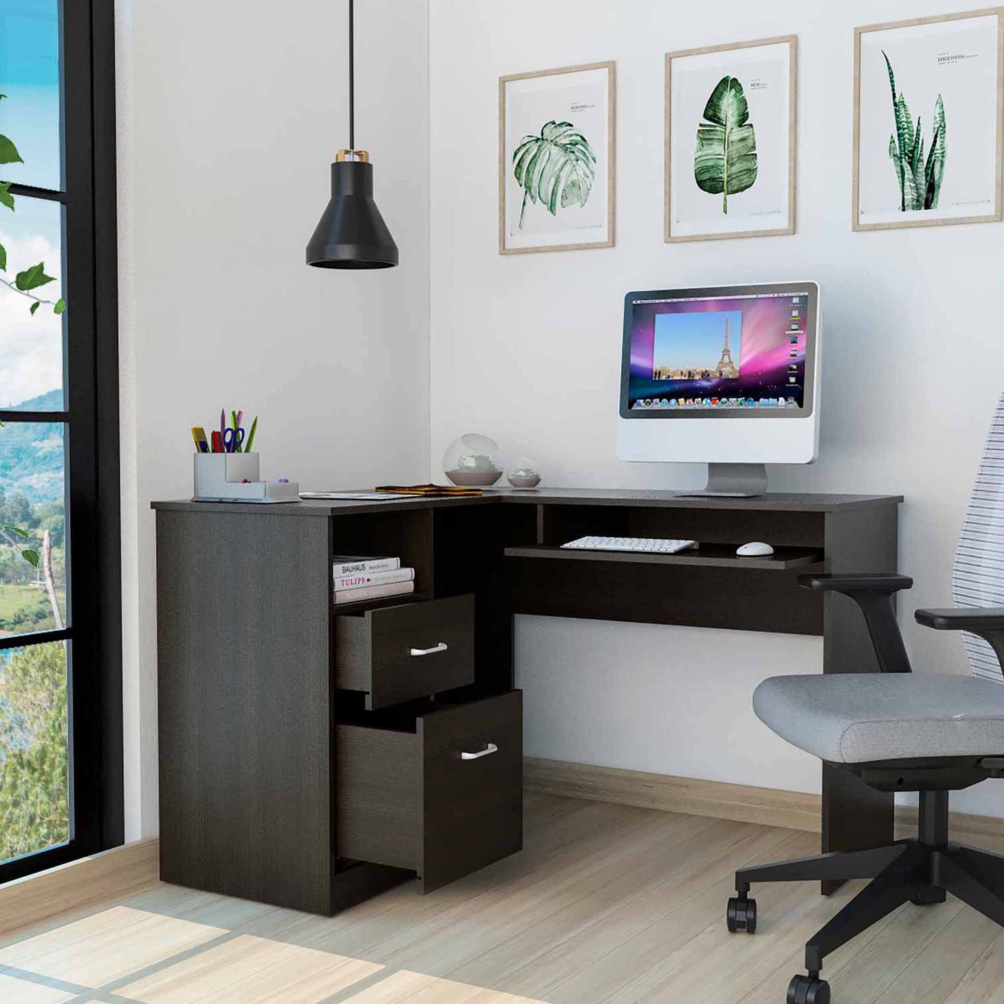 Mix L-Shaped Desk, Keyboard Tray, Two Drawers, Single Open Shelf