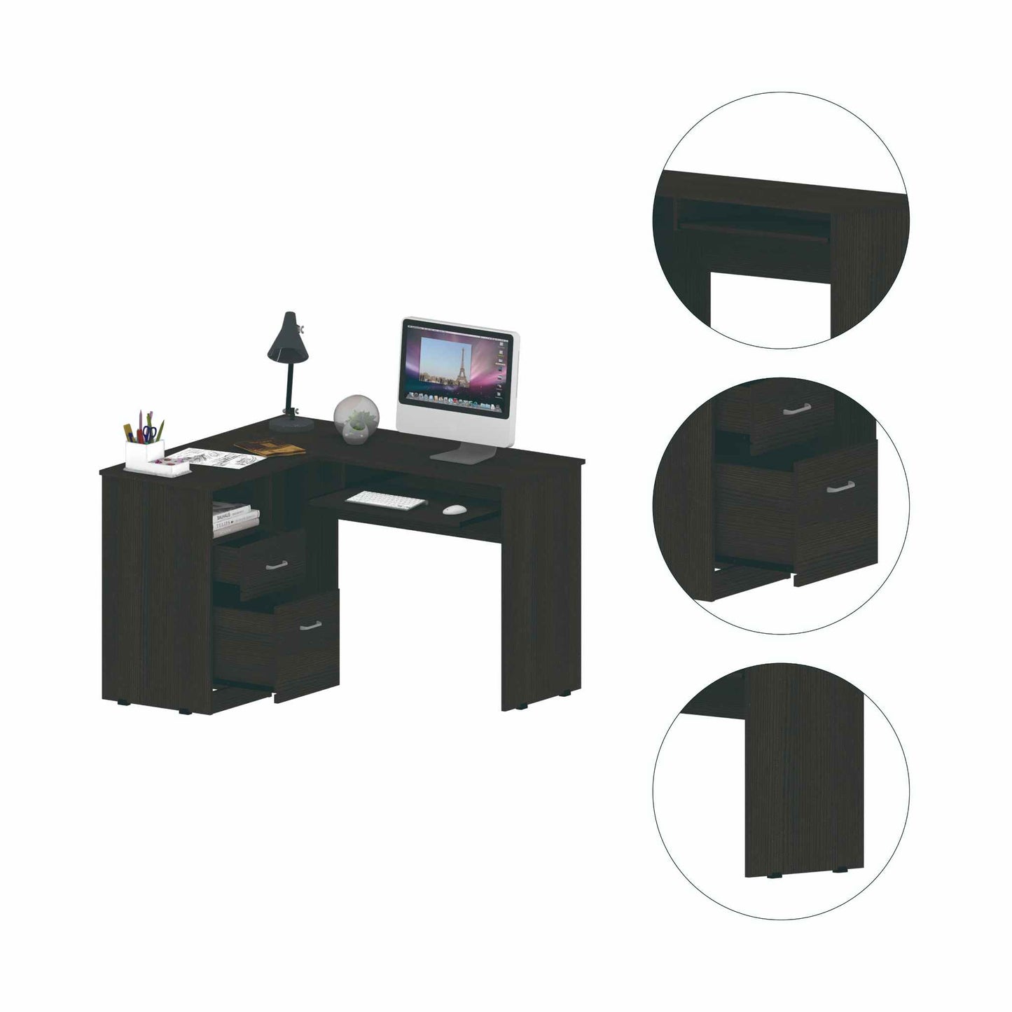 Mix L-Shaped Desk, Keyboard Tray, Two Drawers, Single Open Shelf