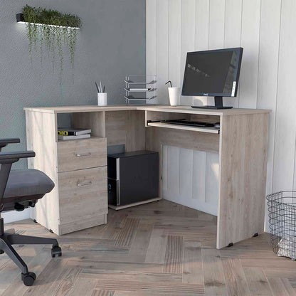 Mix L-Shaped Desk, Keyboard Tray, Two Drawers, Single Open Shelf