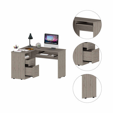 Mix L-Shaped Desk, Keyboard Tray, Two Drawers, Single Open Shelf