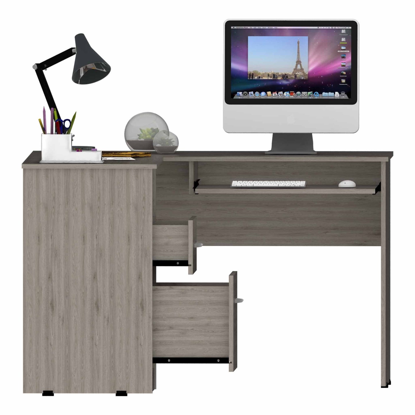 Mix L-Shaped Desk, Keyboard Tray, Two Drawers, Single Open Shelf