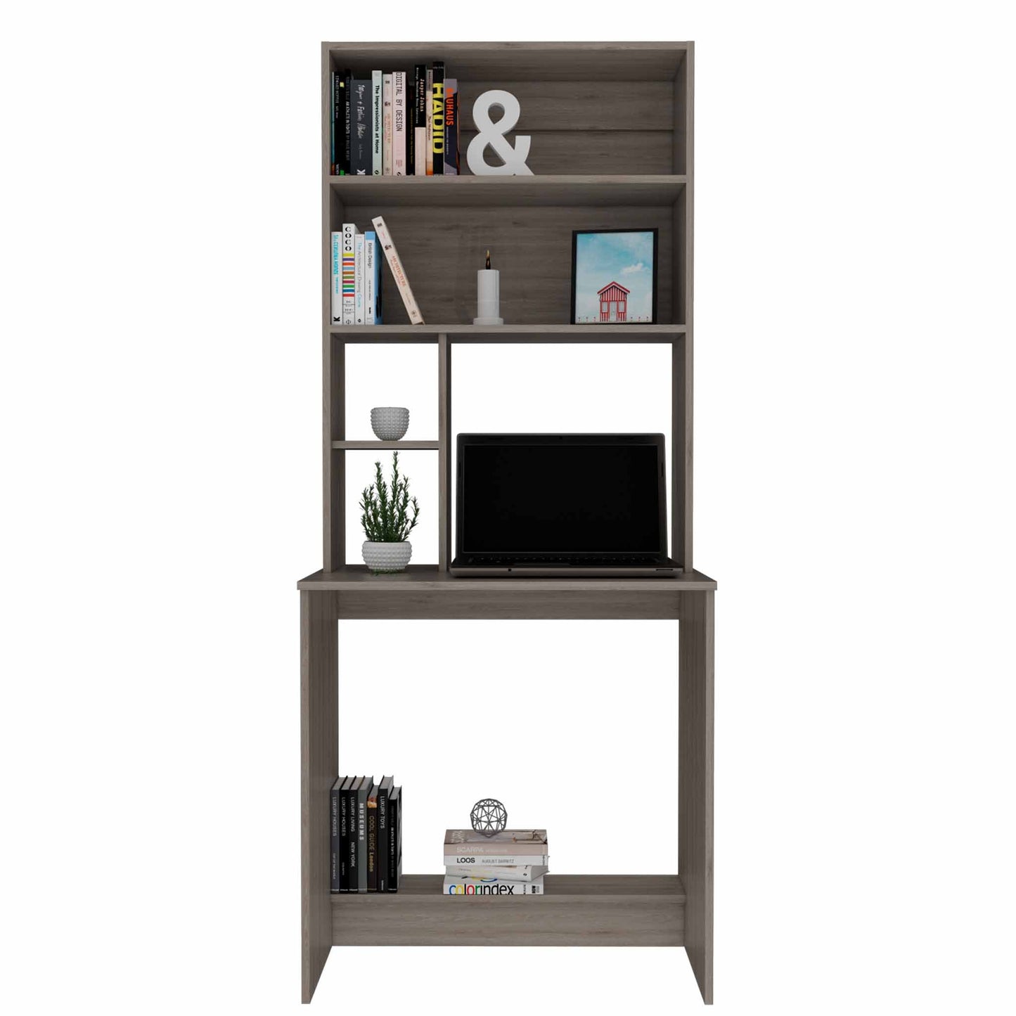 Compu Hutch Desk, Four Shelves, Writing Desk, One Lower Shelf