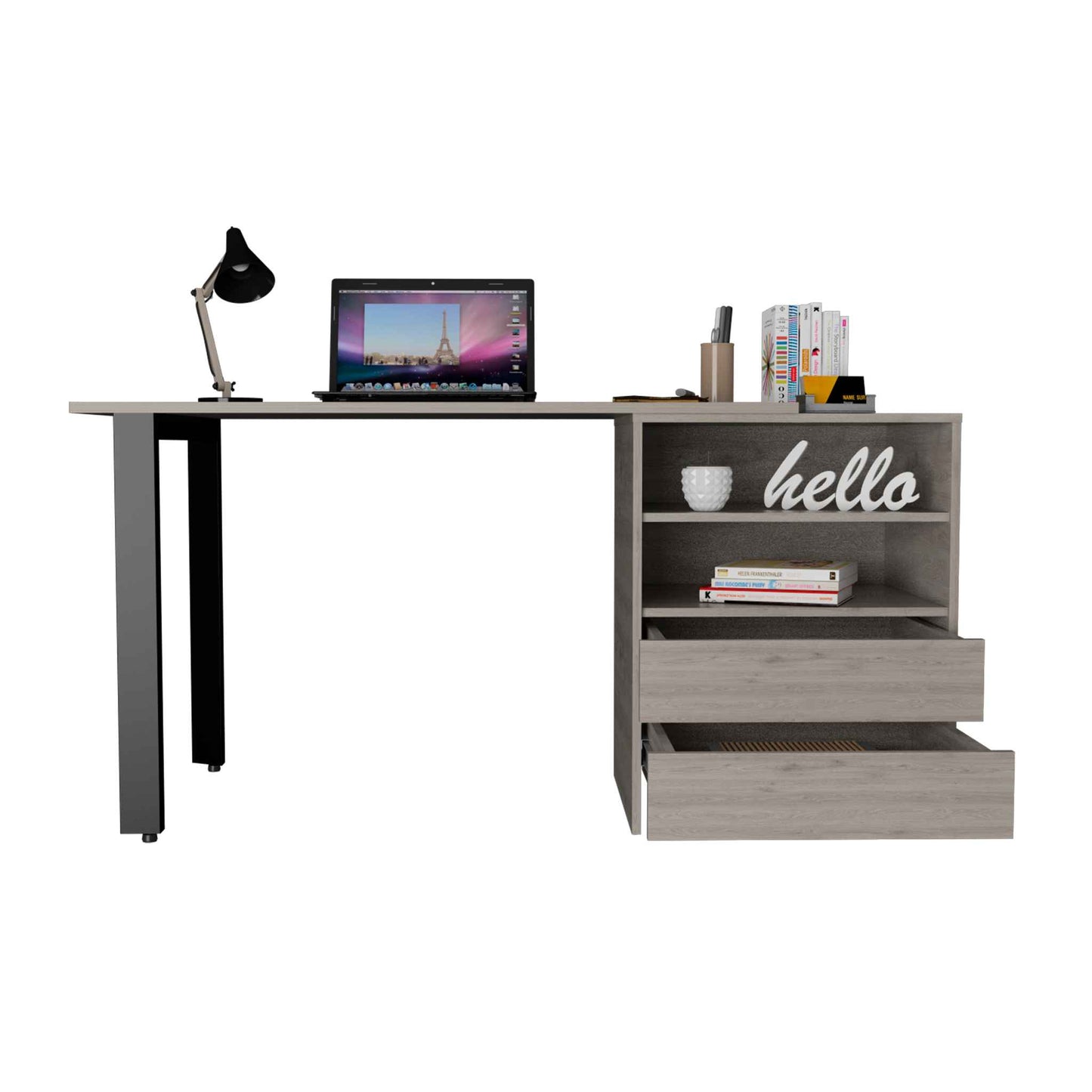 Malaui 120 Desk, Two Legs, Two Drawers, Two Shelves