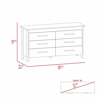 Hms 6 Drawer Double Dresser, Four Legs, Superior Top