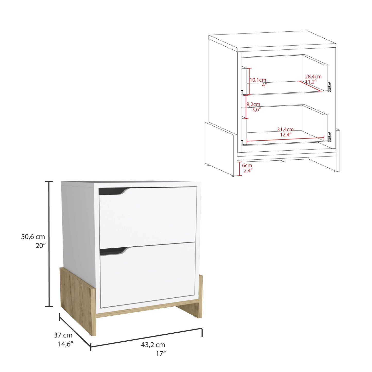 Luss Nightstand, Bedside Table with 2-Drawers, White and Macadamia Finish