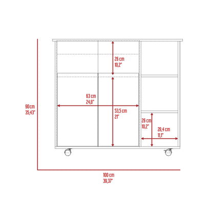 Paprika Kitchen Cart, Four Casters , Four Open Shelves, Double Door Cabinet